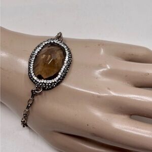 smoky quartz bracelet sterling silver with Rhinestones Adjustable
